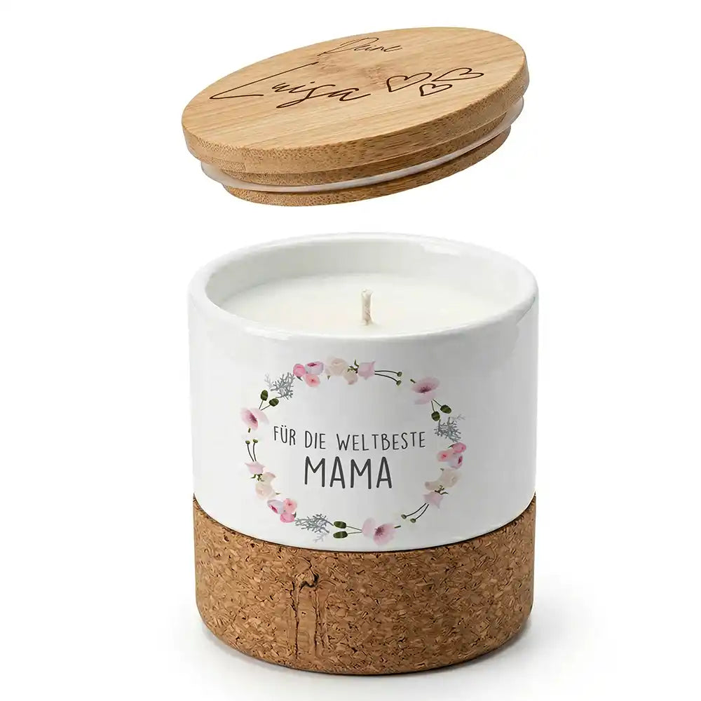 Duftkerze Vanille Keramik Mama Blumenkranz â Boho-Stil mit Bambusdeckel