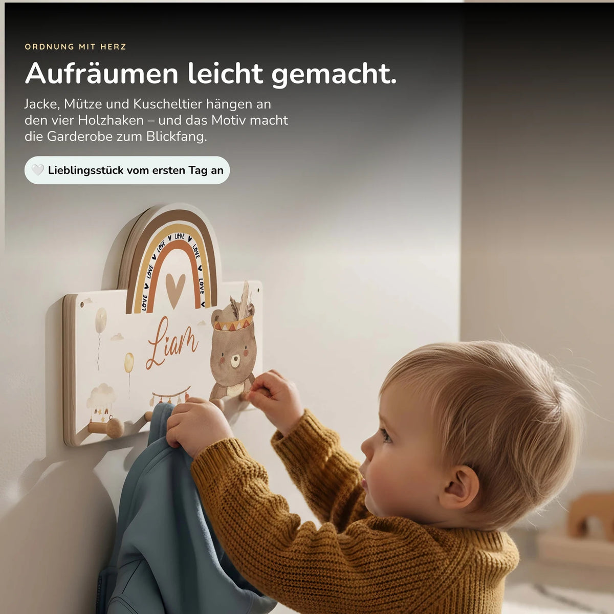 Kindergarderobe Holz personalisiert - Bär