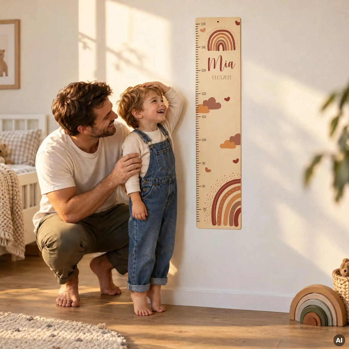 Messlatte Kinder Holz & Aluverbund - Regenbogen & Wolken