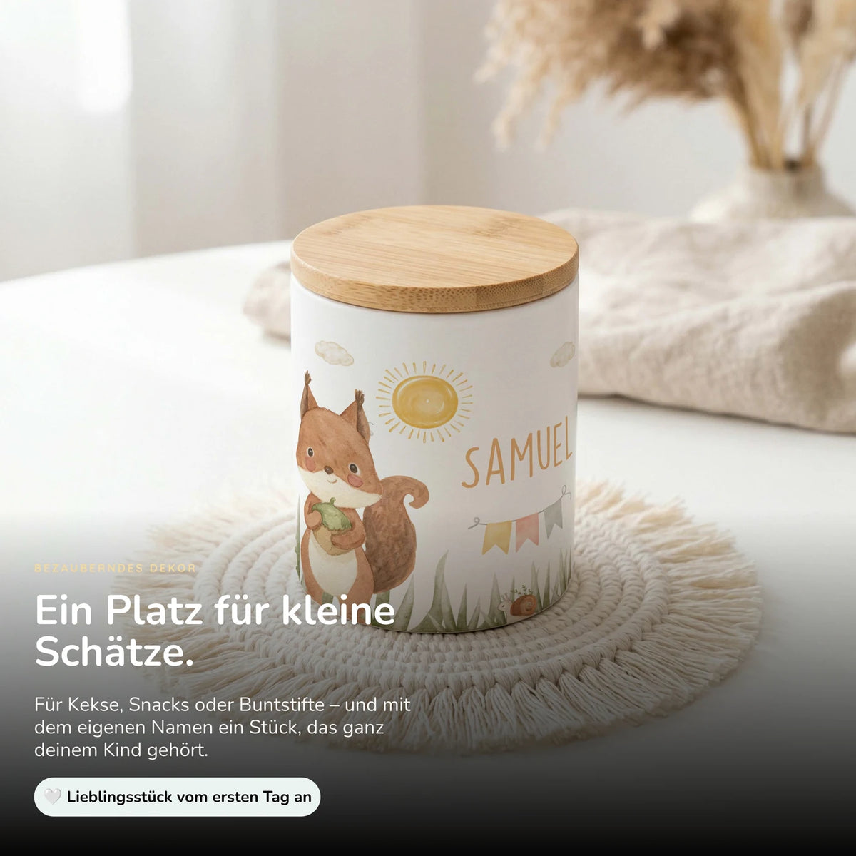 Personalisierte Keksdose Eichhörnchen Sommer – Keramik & Bambus mit Wunschname