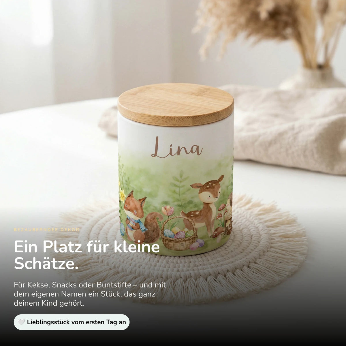 Personalisierte Keksdose Ostern Reh & Fuchs – Keramik & Bambus mit Wunschname