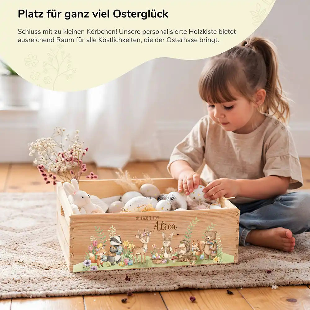 Osterkiste Holz personalisiert - Tiere im Waldglück