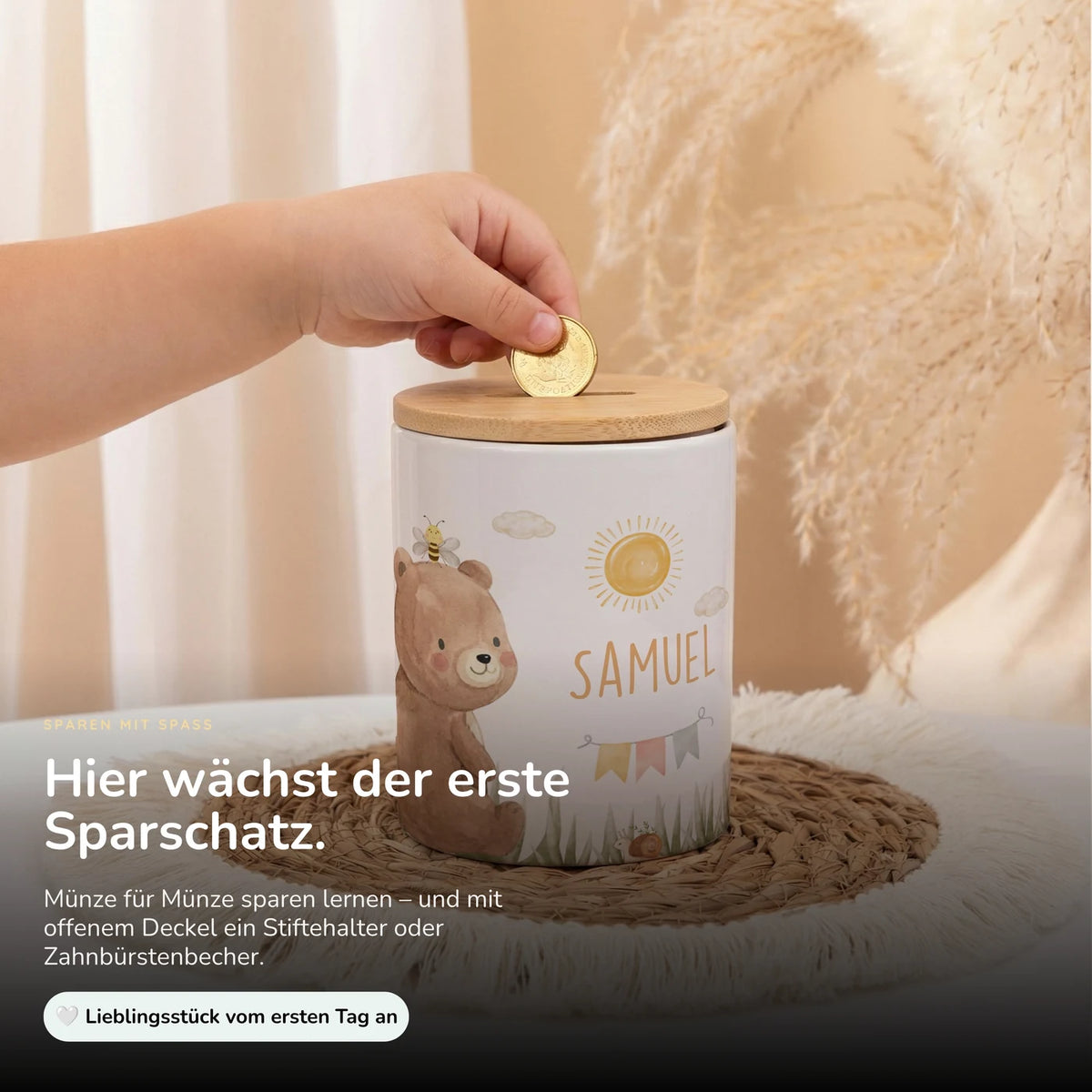 Personalisierte Spardose Bär Sommer – Keramik & Bambus mit Wunschname