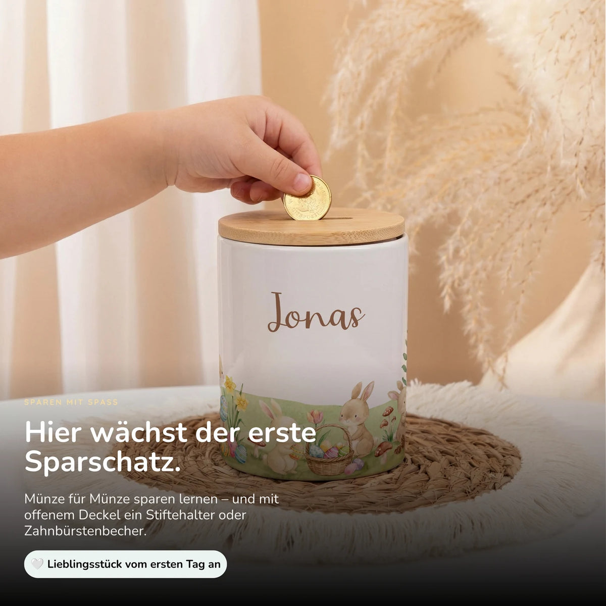 Personalisierte Spardose Ostern Hasen – Keramik & Bambus mit Wunschname
