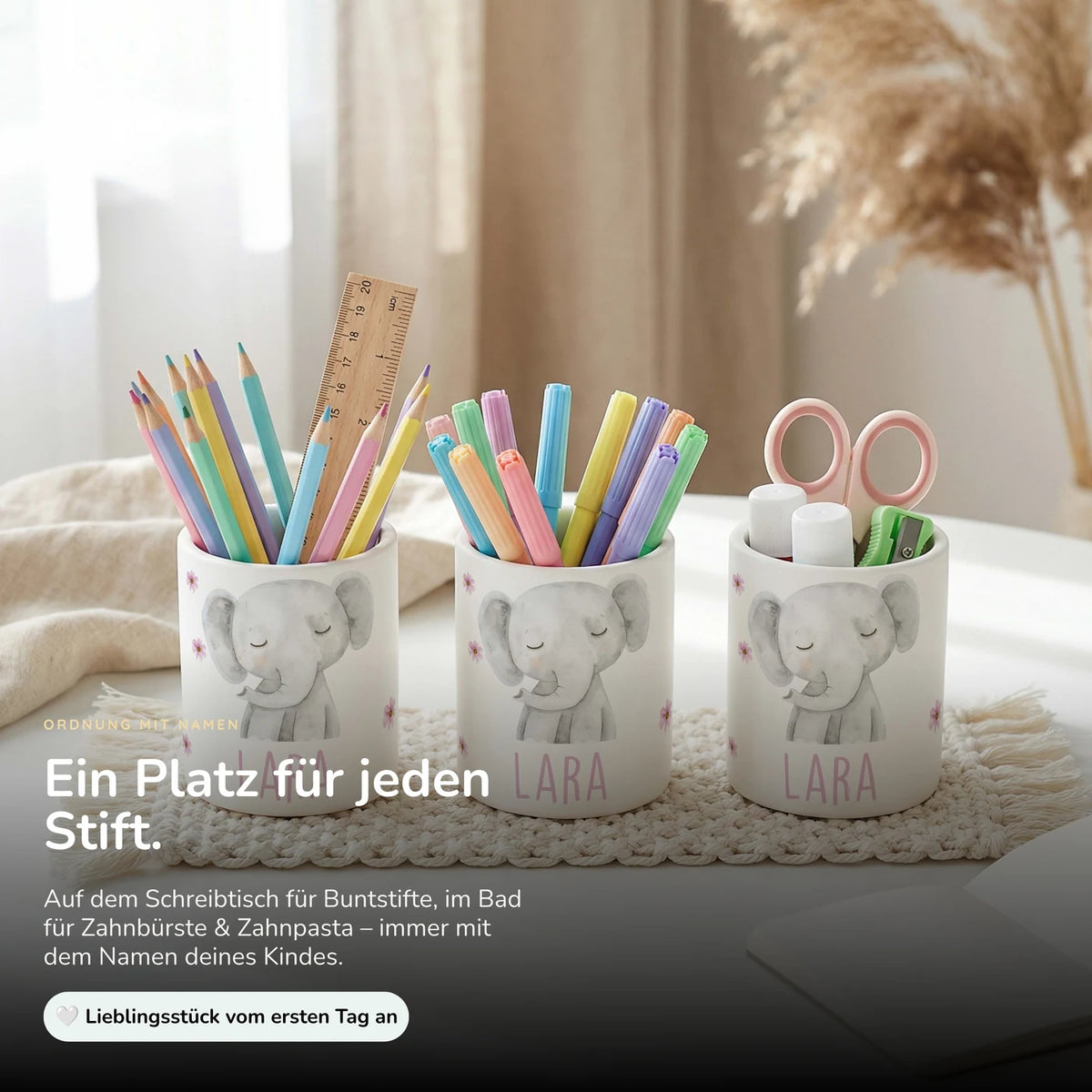 Personalisierter Stiftehalter Elefant Blumen – Keramik mit Wunschname