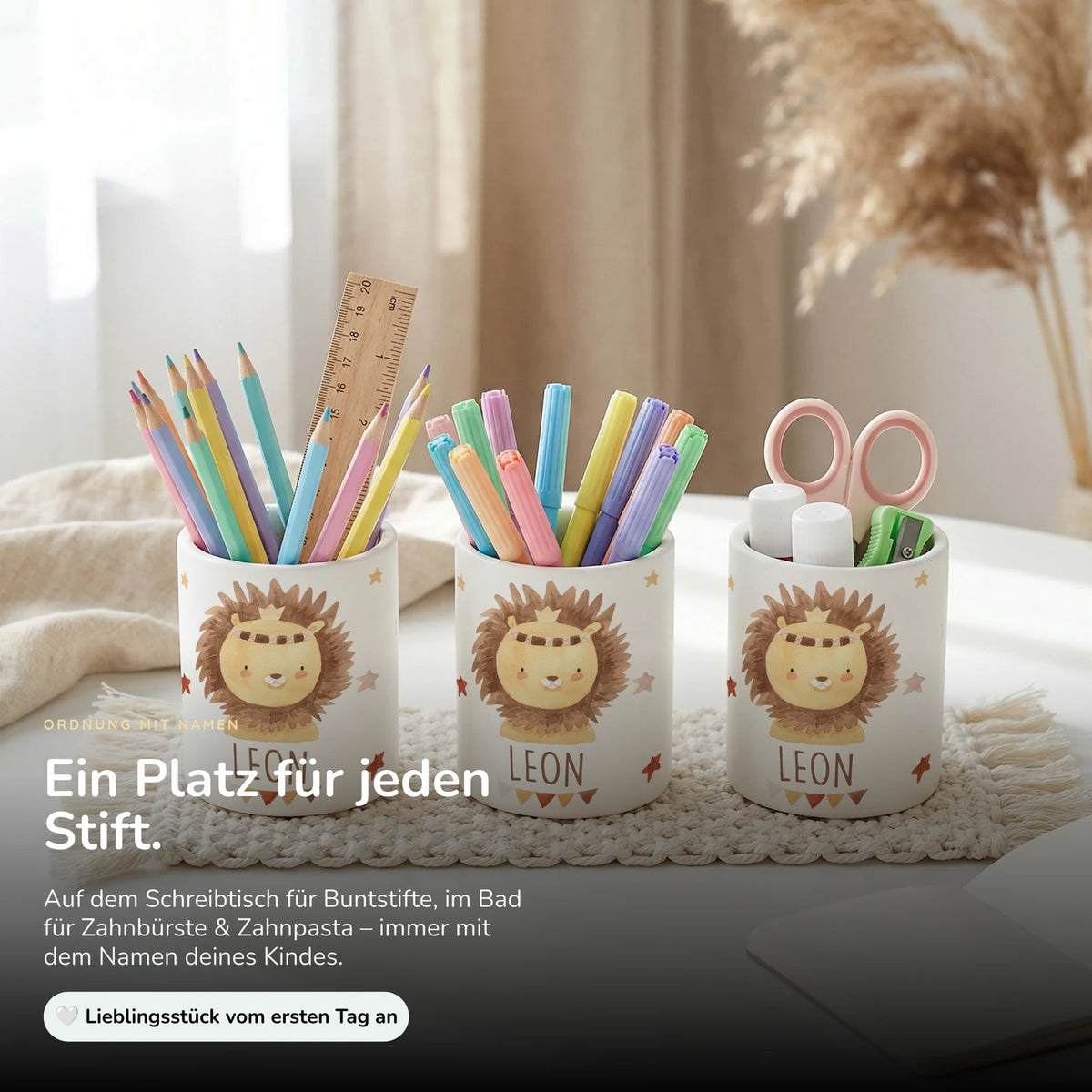 Personalisierter Stiftehalter Löwe Boho – Keramik mit Wunschname
