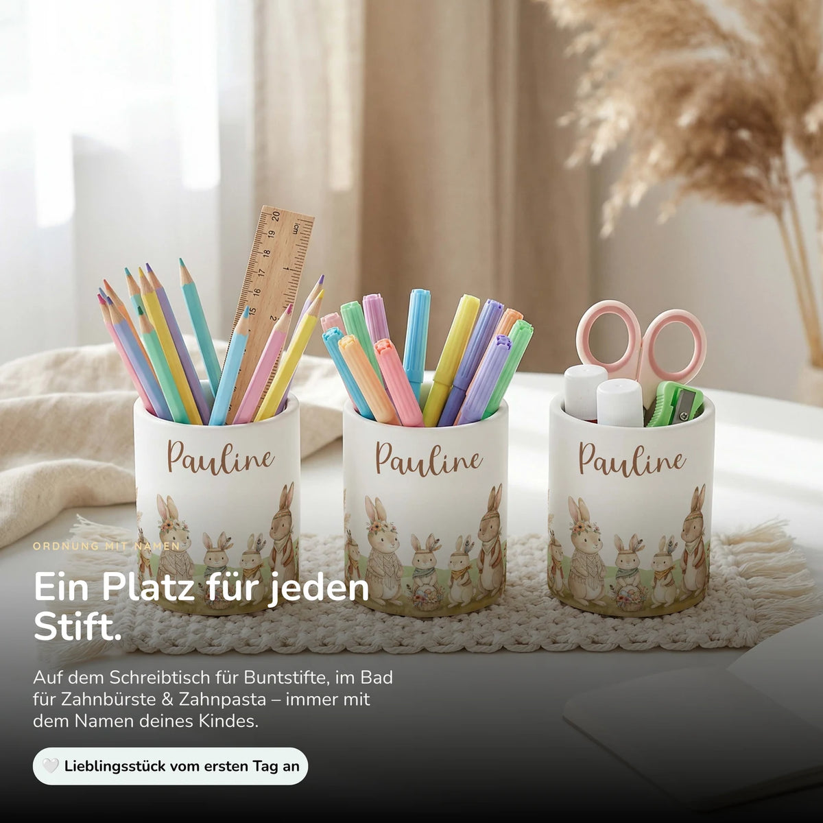 Personalisierter Stiftehalter Boho-Hasen â Keramik mit Wunschname