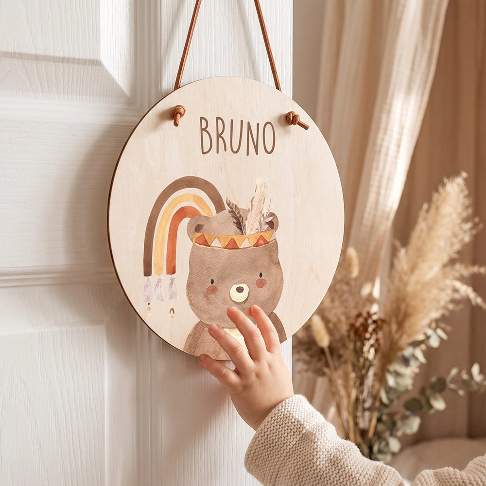 Türschild Kinderzimmer personalisiert mit Name Bär mit Regenbogen