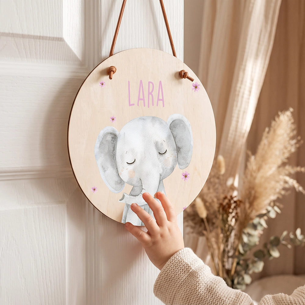 Türschild Kinderzimmer personalisiert mit Name Elefant mit Blüten