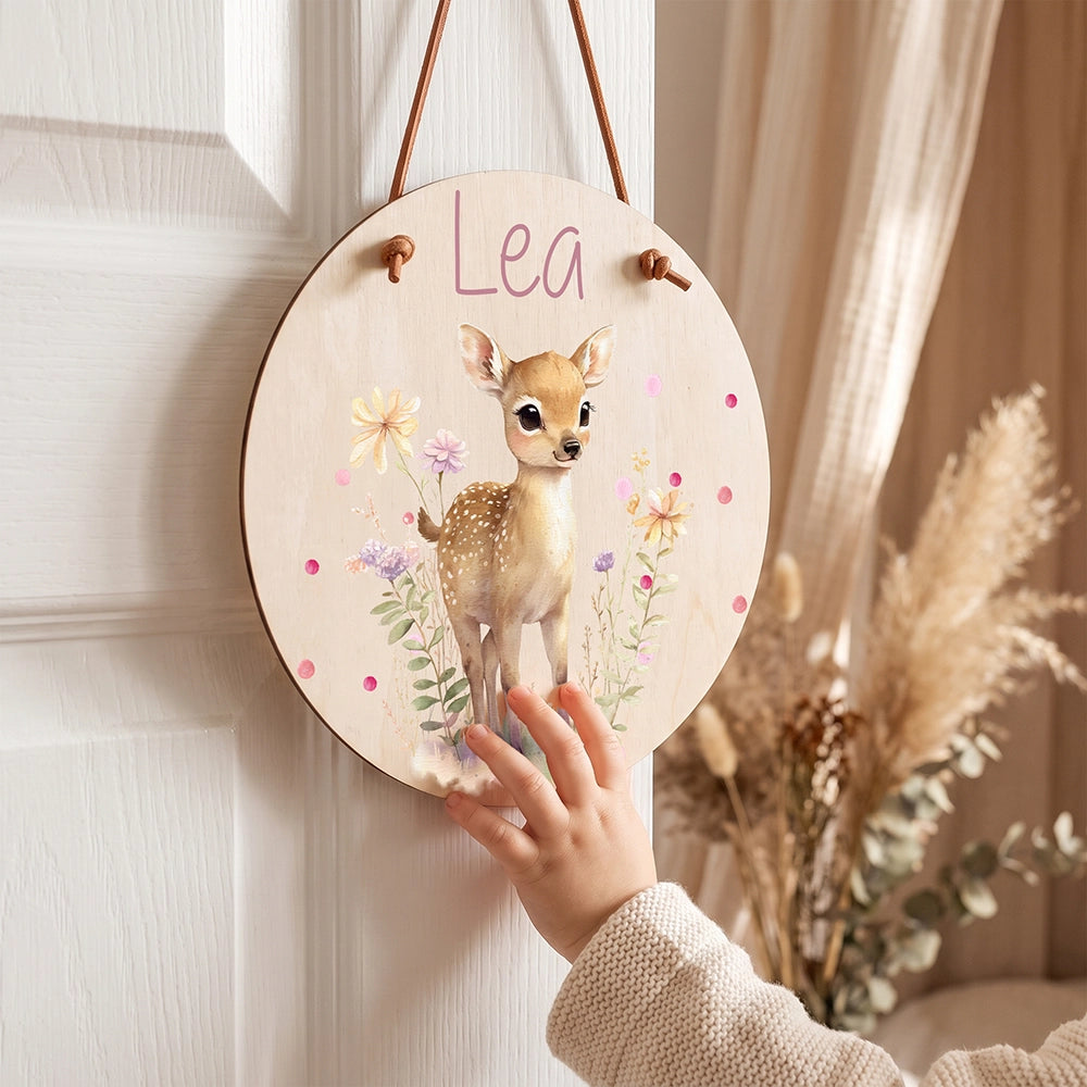 Türschild Kinderzimmer personalisiert mit Name Reh mit Wildblumen