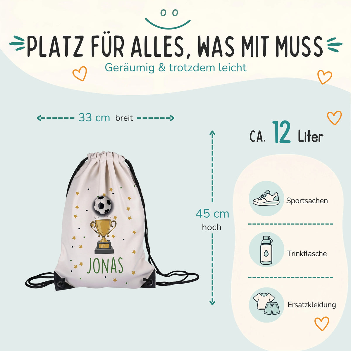 Personalisierter Turnbeutel Fußball Pokal, Größe 33 x 45 cm mit ca. 12 Liter Fassungsvermögen