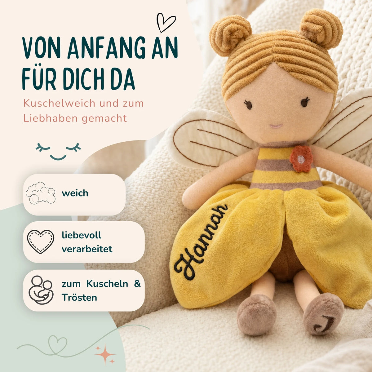 Jollein Stoffpuppe Fee personalisiert Honig