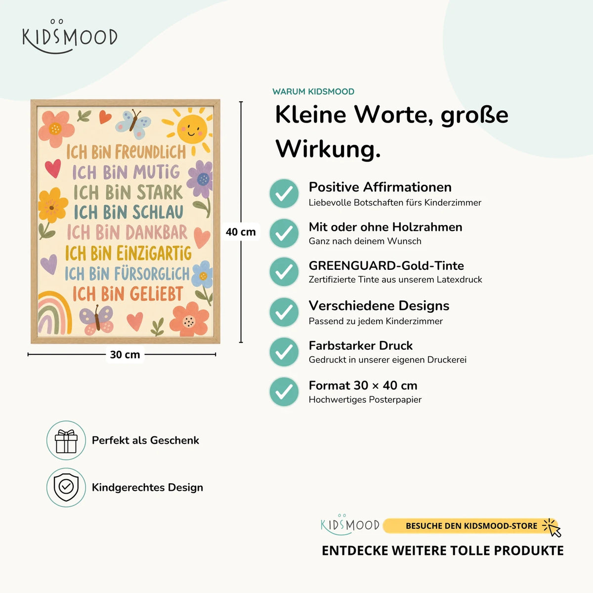 Affirmationsposter âBlumenwiese Ich bin freundlichâ im Ăberblick: 30 Ă 40 cm, mit oder ohne Holzrahmen, verschiedene Designs