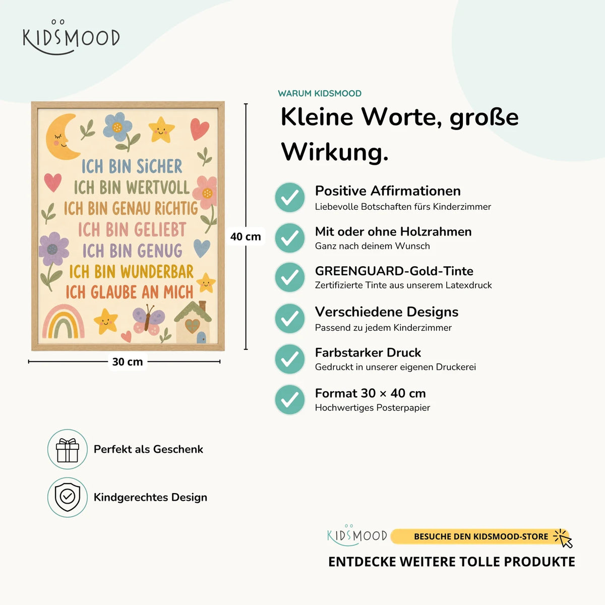 Affirmationsposter âBlumenwiese Ich bin sicherâ im Ăberblick: 30 Ă 40 cm, mit oder ohne Holzrahmen, verschiedene Designs