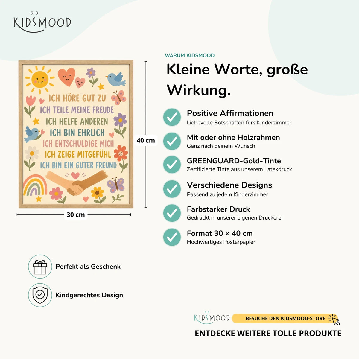 Affirmationsposter âBlumenwiese Ich höre zuâ im Ăberblick: 30 Ă 40 cm, mit oder ohne Holzrahmen, verschiedene Designs