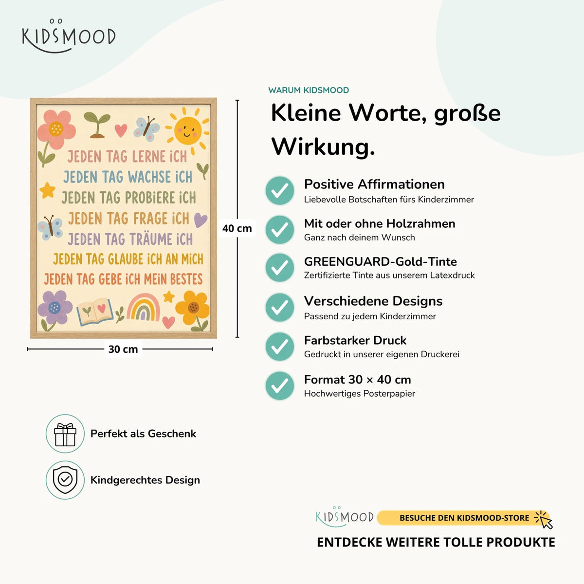 Affirmationsposter âBlumenwiese Jeden Tagâ im Ăberblick: 30 Ă 40 cm, mit oder ohne Holzrahmen, verschiedene Designs