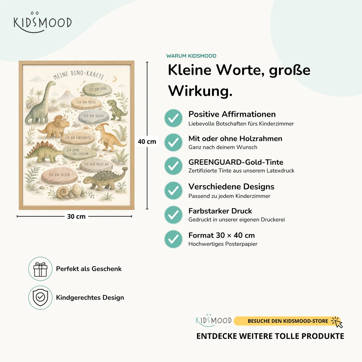 Affirmationsposter âDino-KrĂ€fteâ im Ăberblick: 30 Ă 40 cm, mit oder ohne Holzrahmen, verschiedene Designs