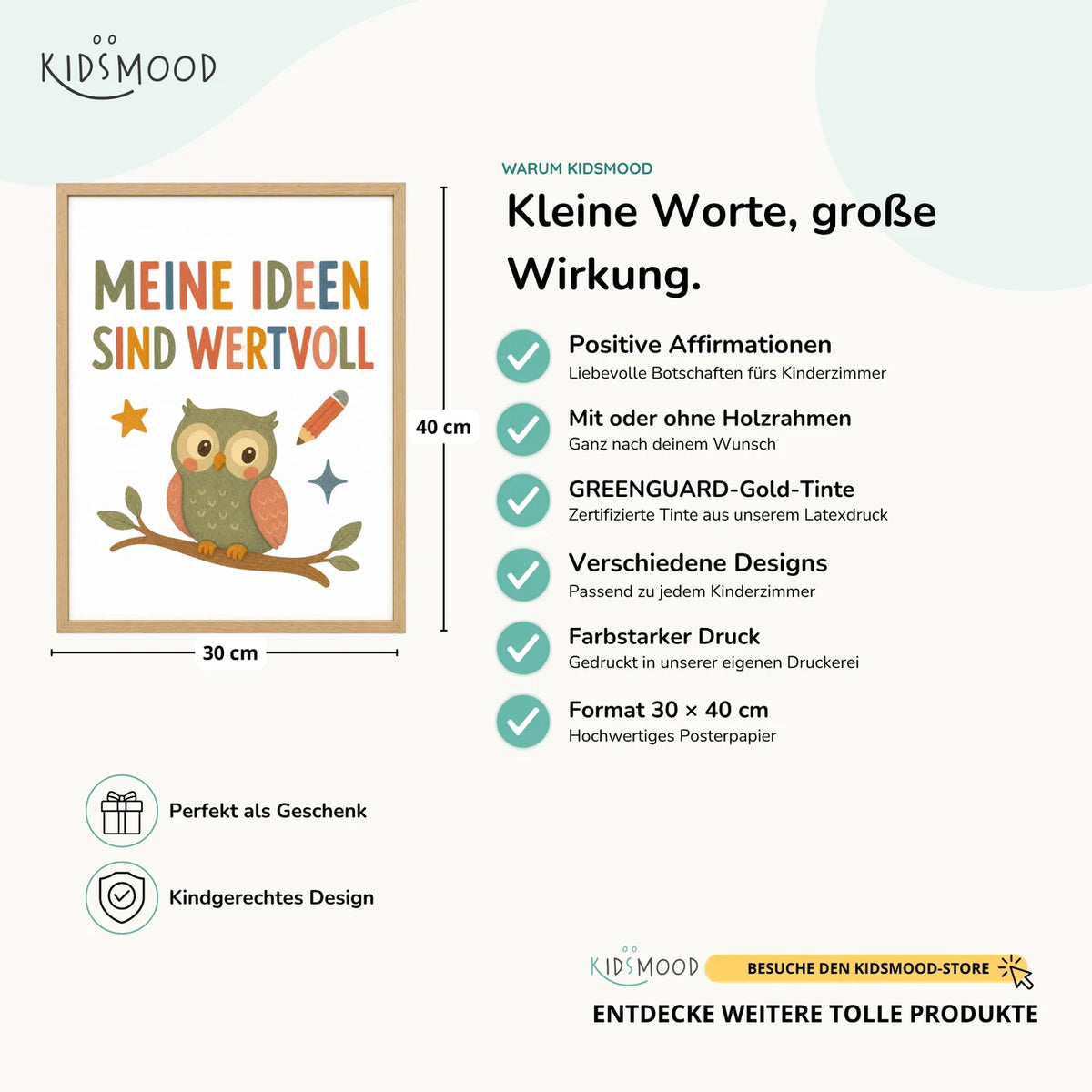 Affirmationsposter âEule Meine Ideen sind wertvollâ im Ăberblick: 30 Ă 40 cm, mit oder ohne Holzrahmen, verschiedene Designs
