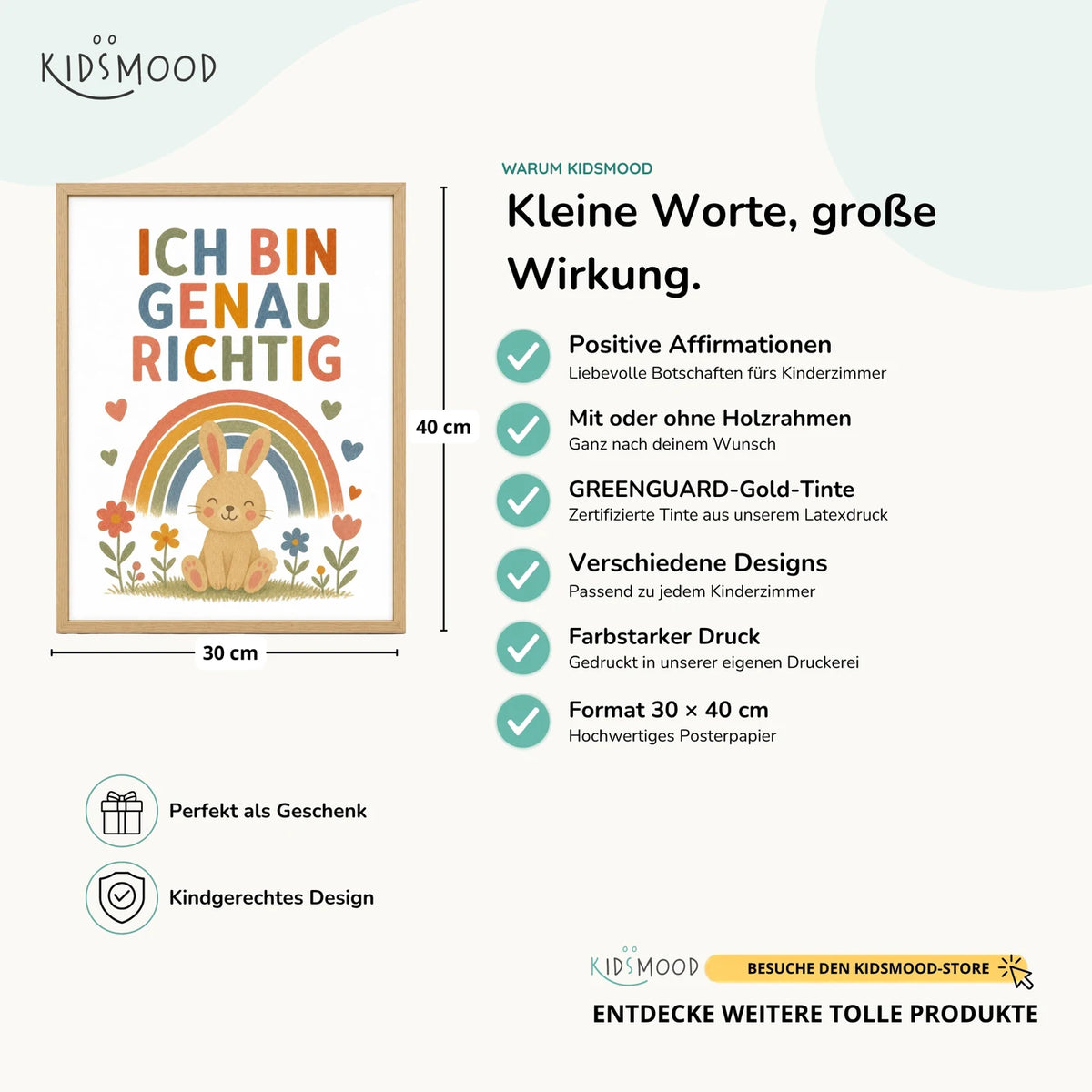 Affirmationsposter âHase Ich bin genau richtigâ im Ăberblick: 30 Ă 40 cm, mit oder ohne Holzrahmen, verschiedene Designs
