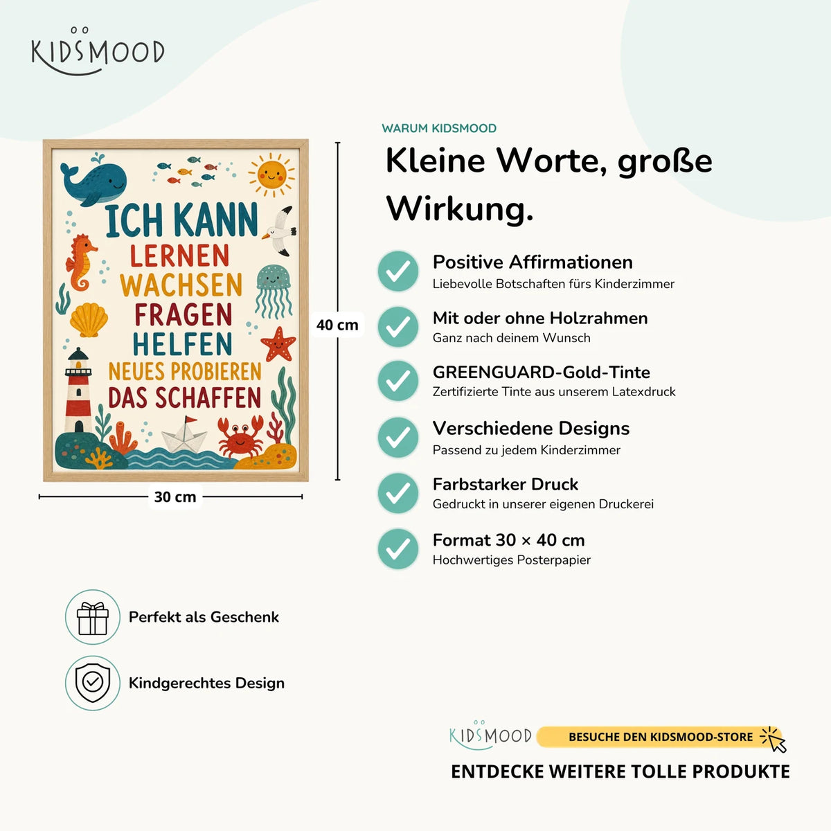 Affirmationsposter âMeer Ich kann lernenâ im Ăberblick: 30 Ă 40 cm, mit oder ohne Holzrahmen, verschiedene Designs