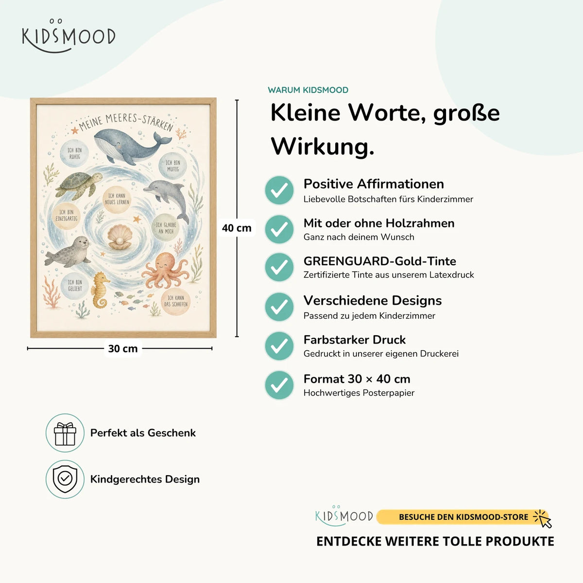 Affirmationsposter âMeeres-StĂ€rkenâ im Ăberblick: 30 Ă 40 cm, mit oder ohne Holzrahmen, verschiedene Designs