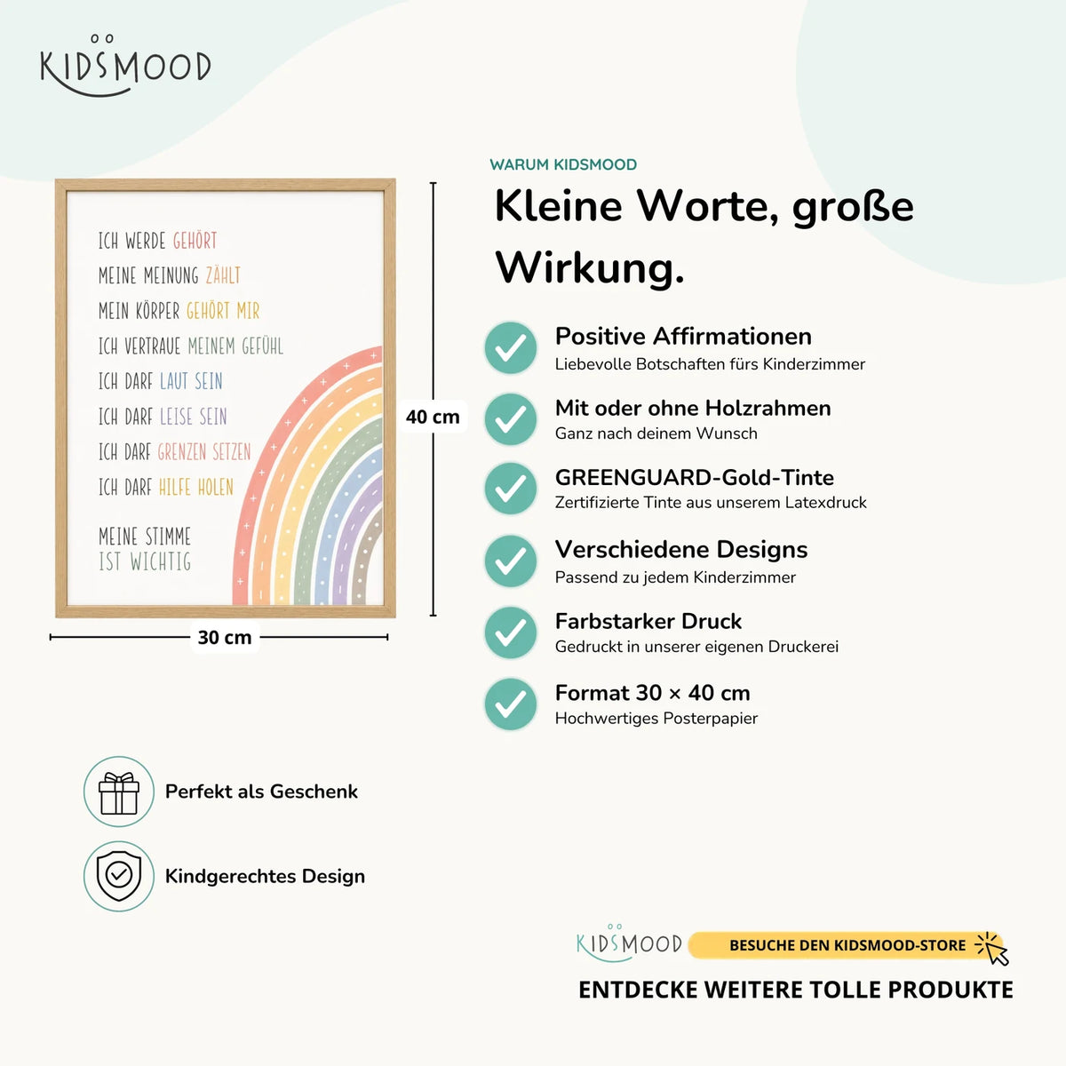 Affirmationsposter „Minimal Meine Stimme“ im Überblick: 30 × 40 cm, mit oder ohne Holzrahmen, verschiedene Designs