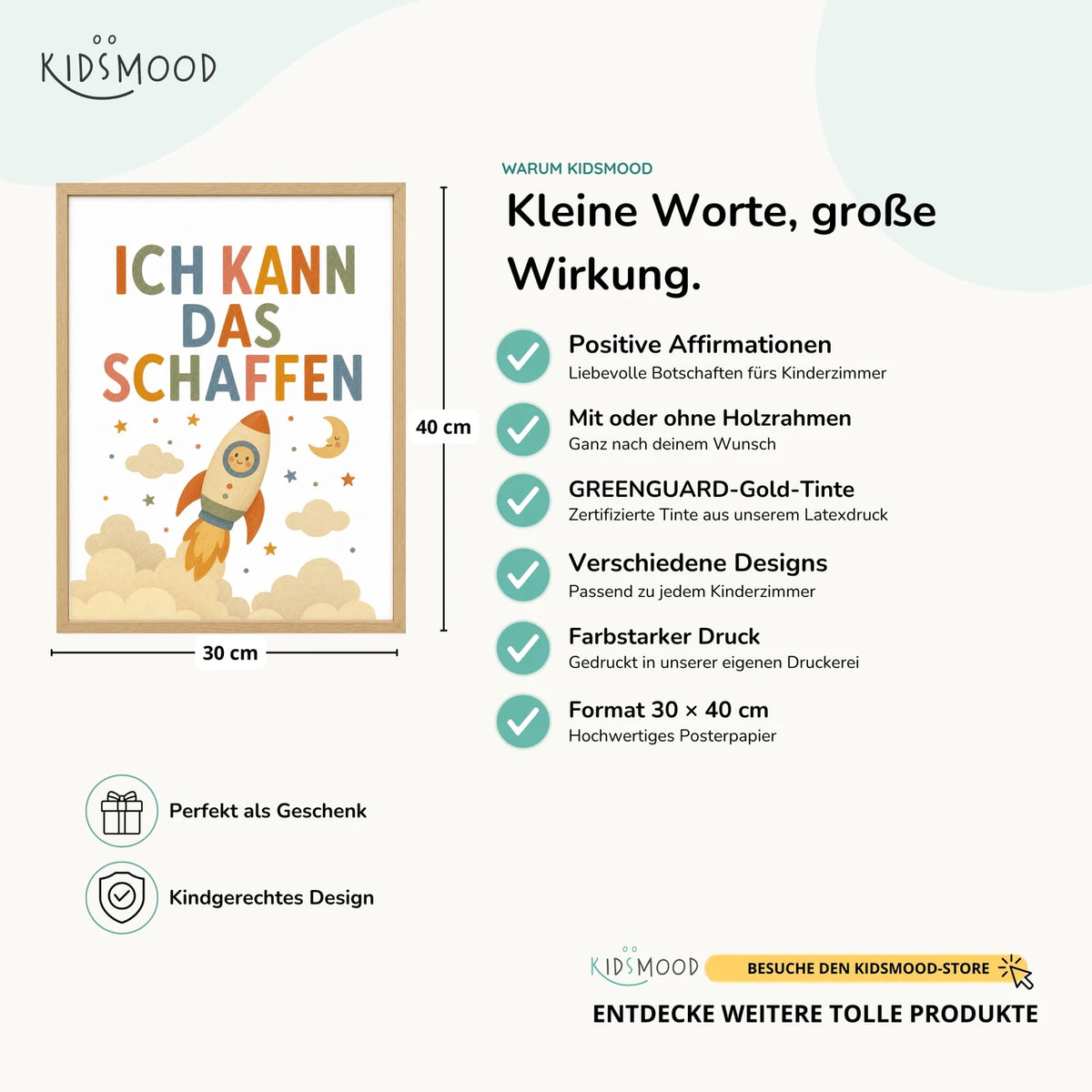 Affirmationsposter âRakete Ich kann das schaffenâ im Ăberblick: 30 Ă 40 cm, mit oder ohne Holzrahmen, verschiedene Designs