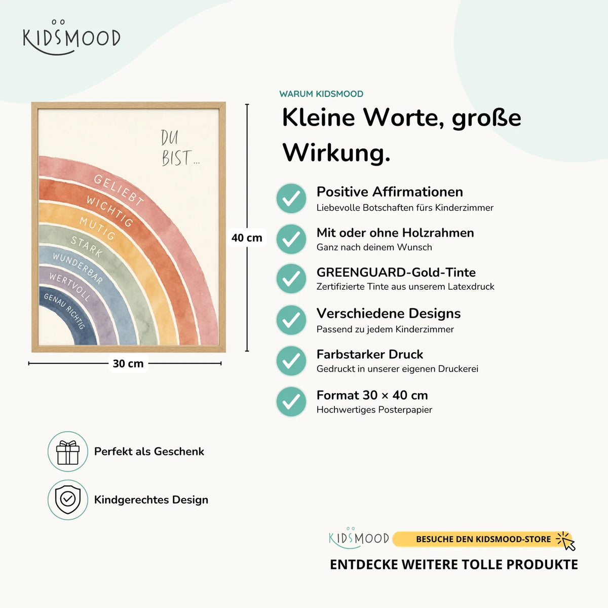 Affirmationsposter âRegenbogen Du bistâ im Ăberblick: 30 Ă 40 cm, mit oder ohne Holzrahmen, verschiedene Designs