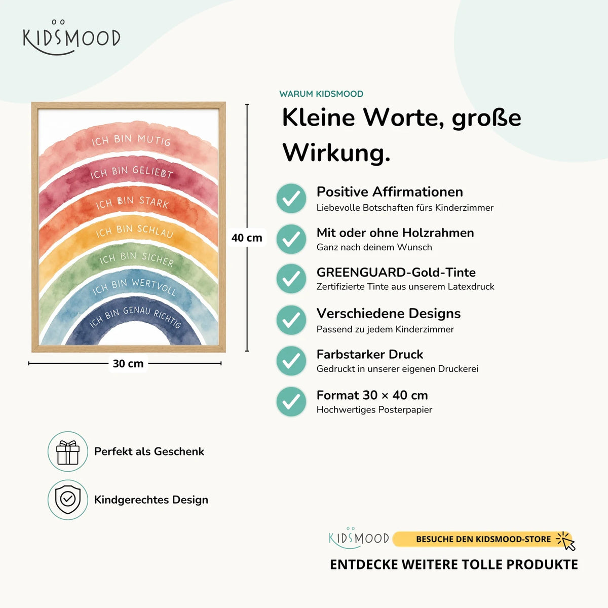 Affirmationsposter âRegenbogen Ich bin buntâ im Ăberblick: 30 Ă 40 cm, mit oder ohne Holzrahmen, verschiedene Designs