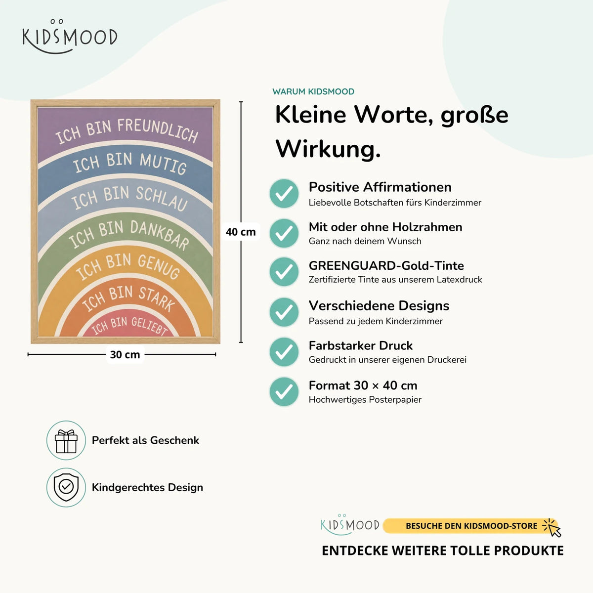 Affirmationsposter „Regenbogen Ich bin freundlich“ im Überblick: 30 × 40 cm, mit oder ohne Holzrahmen, verschiedene Designs