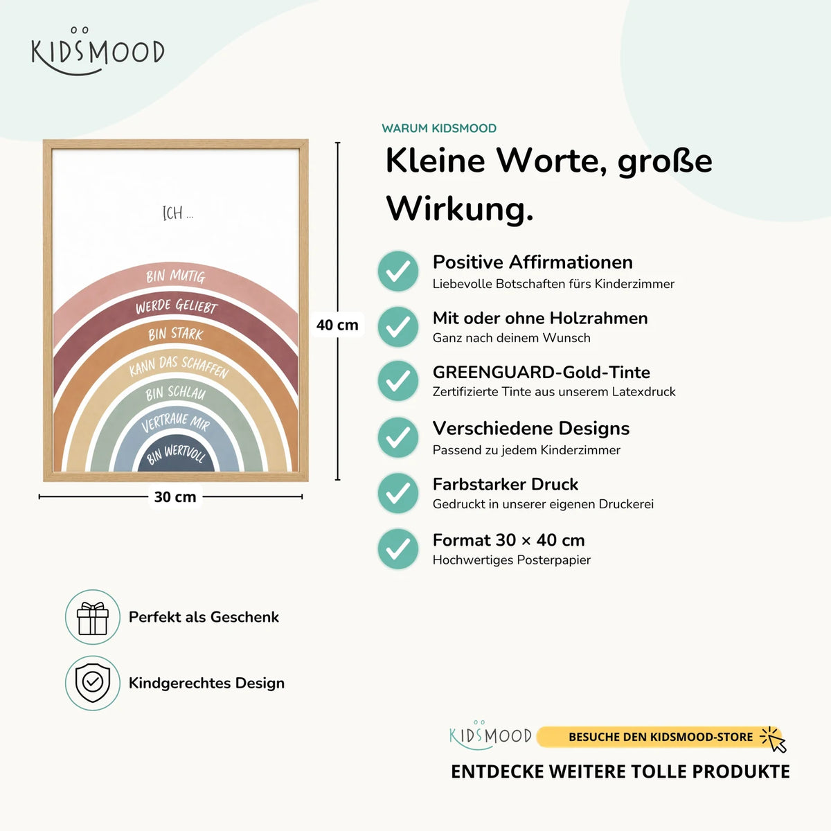 Affirmationsposter âRegenbogen Ich bin mutigâ im Ăberblick: 30 Ă 40 cm, mit oder ohne Holzrahmen, verschiedene Designs