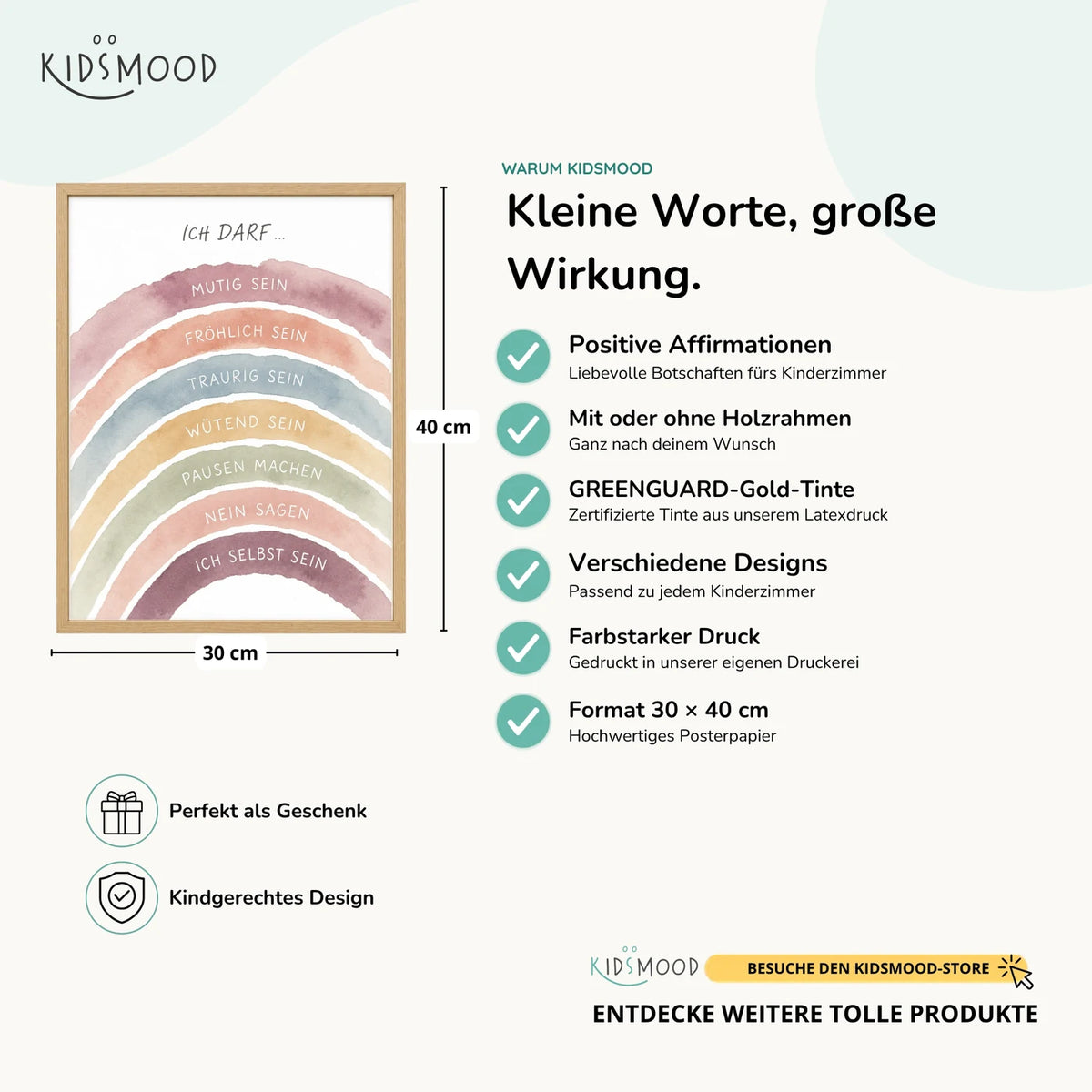 Affirmationsposter âRegenbogen Ich darfâ im Ăberblick: 30 Ă 40 cm, mit oder ohne Holzrahmen, verschiedene Designs