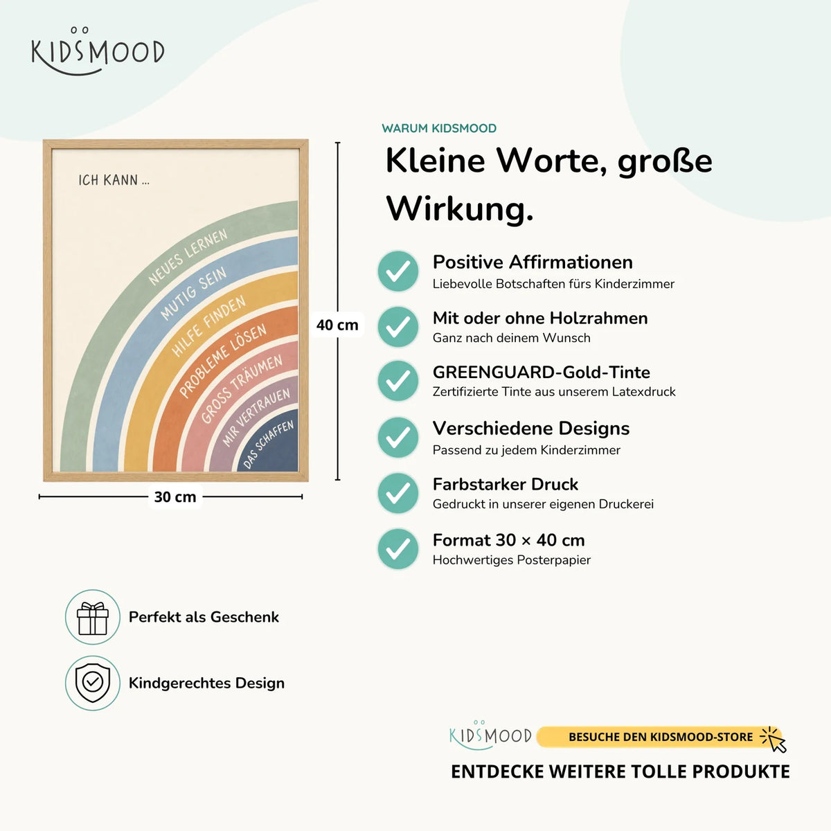 Affirmationsposter âRegenbogen Ich kann vielâ im Ăberblick: 30 Ă 40 cm, mit oder ohne Holzrahmen, verschiedene Designs