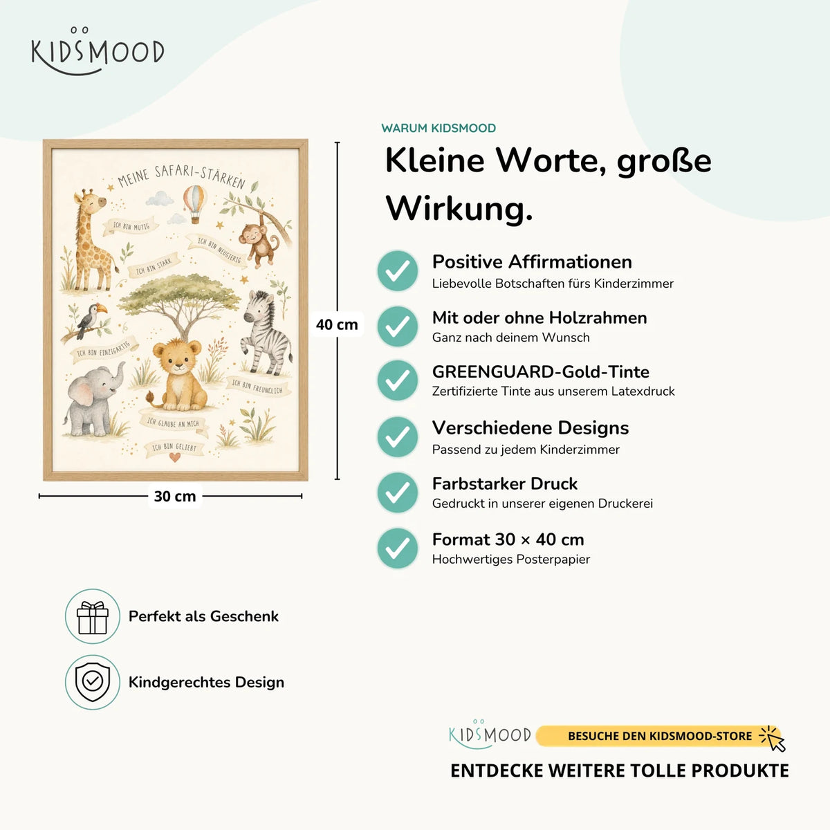 Affirmationsposter âSafari-StĂ€rkenâ im Ăberblick: 30 Ă 40 cm, mit oder ohne Holzrahmen, verschiedene Designs