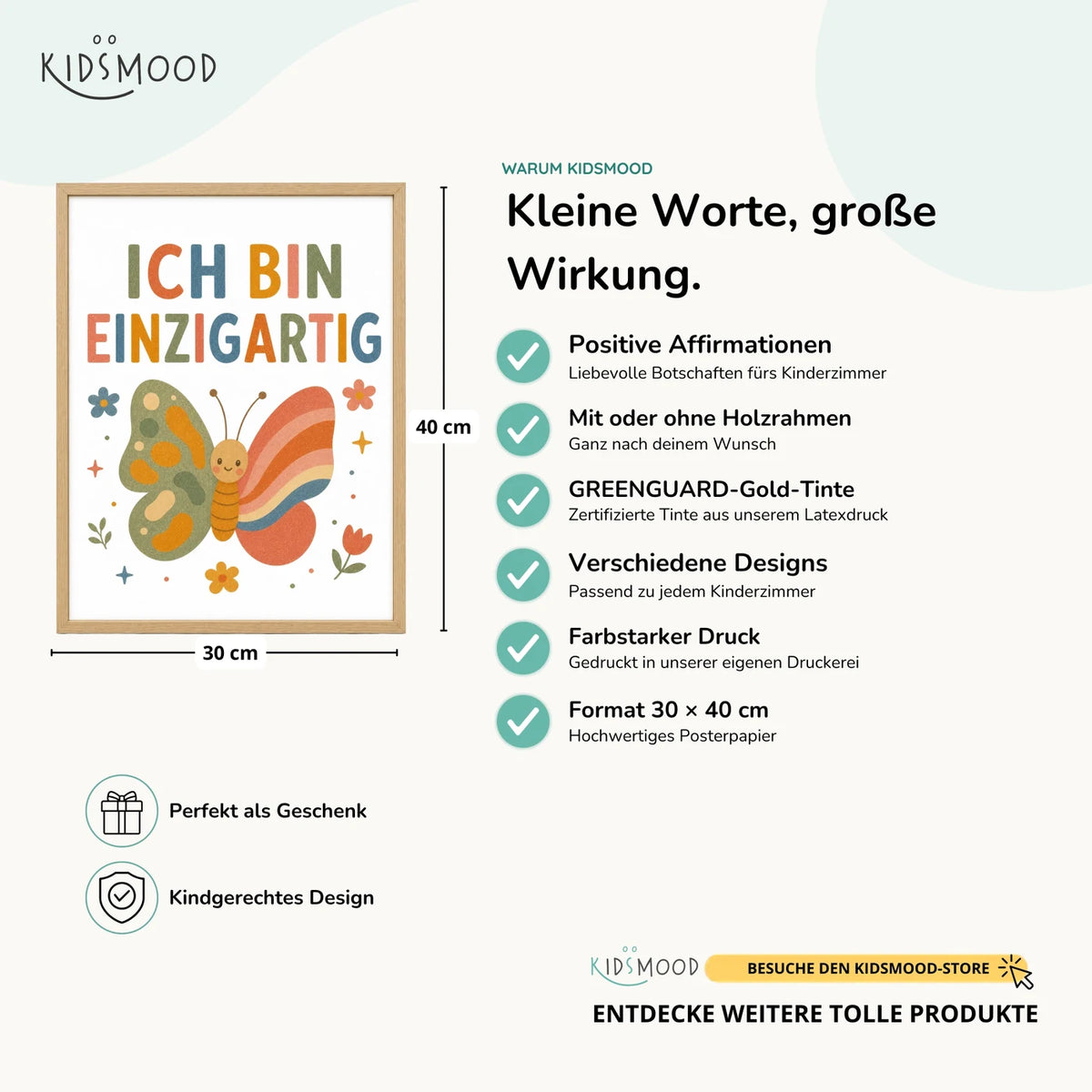 Affirmationsposter „Schmetterling Ich bin ich“ im Überblick: 30 × 40 cm, mit oder ohne Holzrahmen, verschiedene Designs