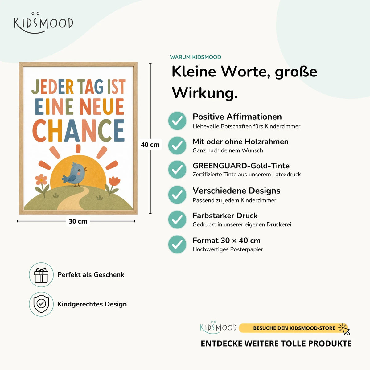 Affirmationsposter „Vogel Jeder Tag neue Chance“ im Überblick: 30 × 40 cm, mit oder ohne Holzrahmen, verschiedene Designs