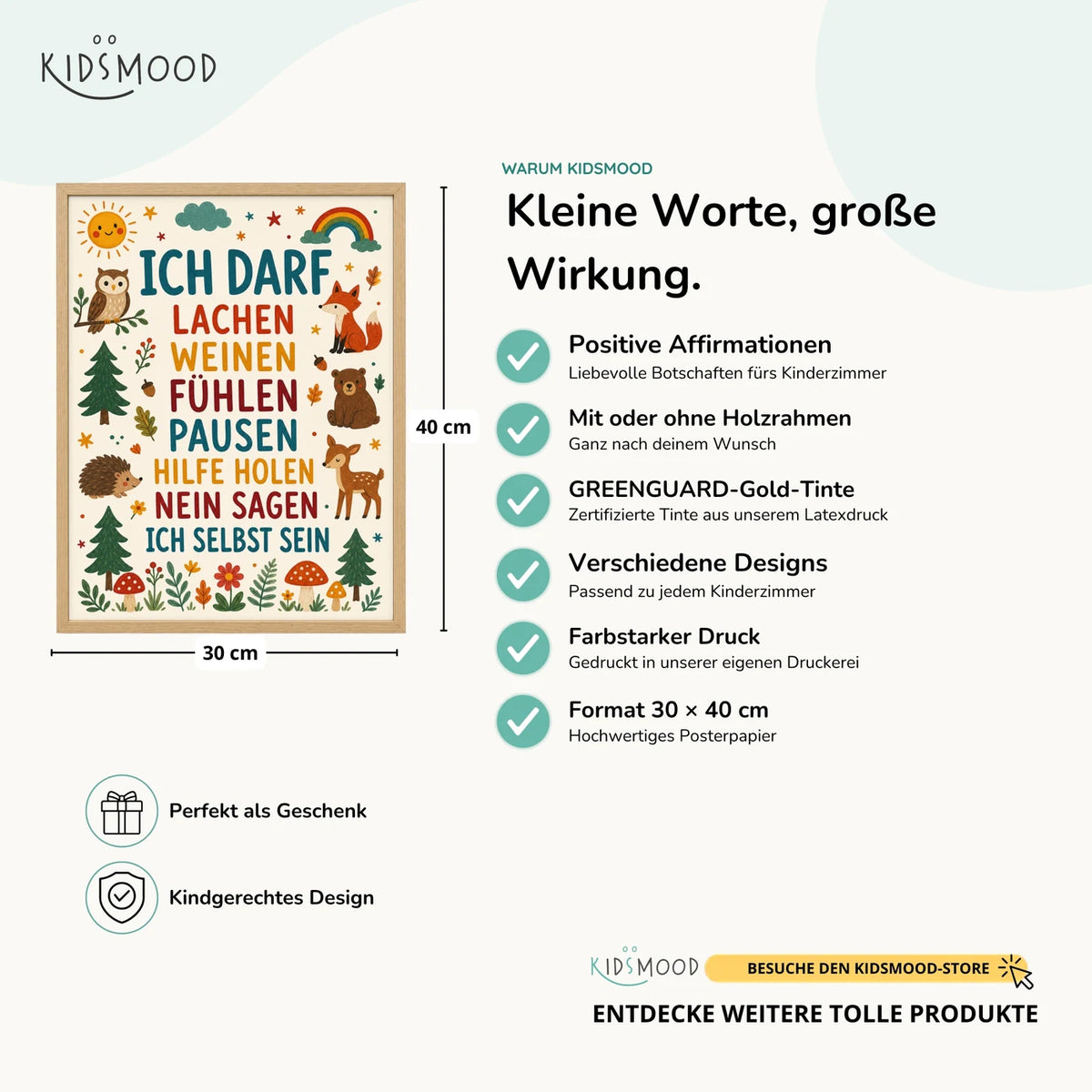 Affirmationsposter âWald Ich darf lachenâ im Ăberblick: 30 Ă 40 cm, mit oder ohne Holzrahmen, verschiedene Designs