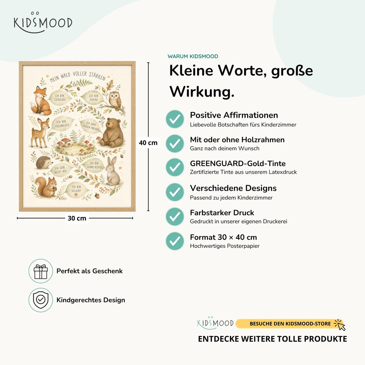 Affirmationsposter âWald voller StĂ€rkenâ im Ăberblick: 30 Ă 40 cm, mit oder ohne Holzrahmen, verschiedene Designs