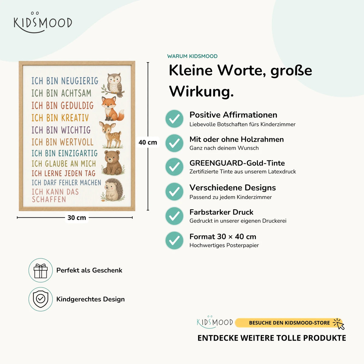 Affirmationsposter „Waldtiere“ im Überblick: 30 × 40 cm, mit oder ohne Holzrahmen, verschiedene Designs