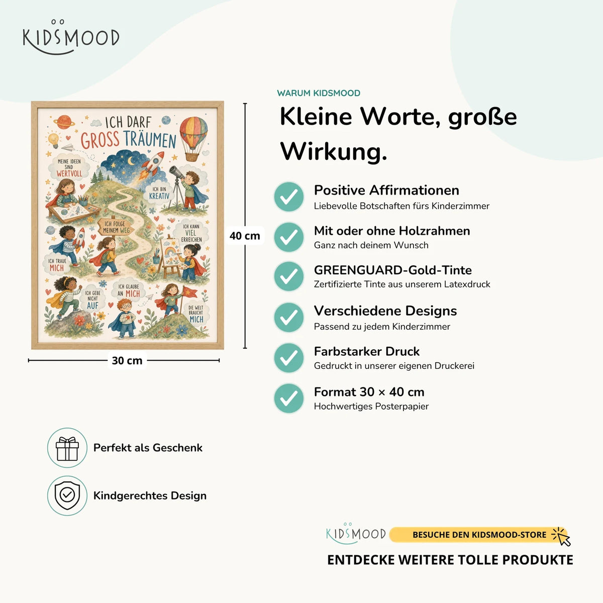 Affirmationsposter âWimmelbild GroĂ trĂ€umenâ im Ăberblick: 30 Ă 40 cm, mit oder ohne Holzrahmen, verschiedene Designs
