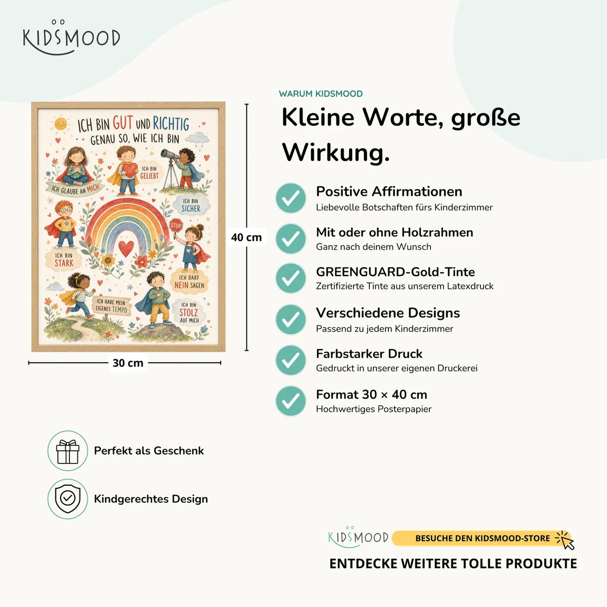 Affirmationsposter âIch bin gut und richtigâ im Ăberblick: 30 Ă 40 cm, mit oder ohne Holzrahmen, verschiedene Designs
