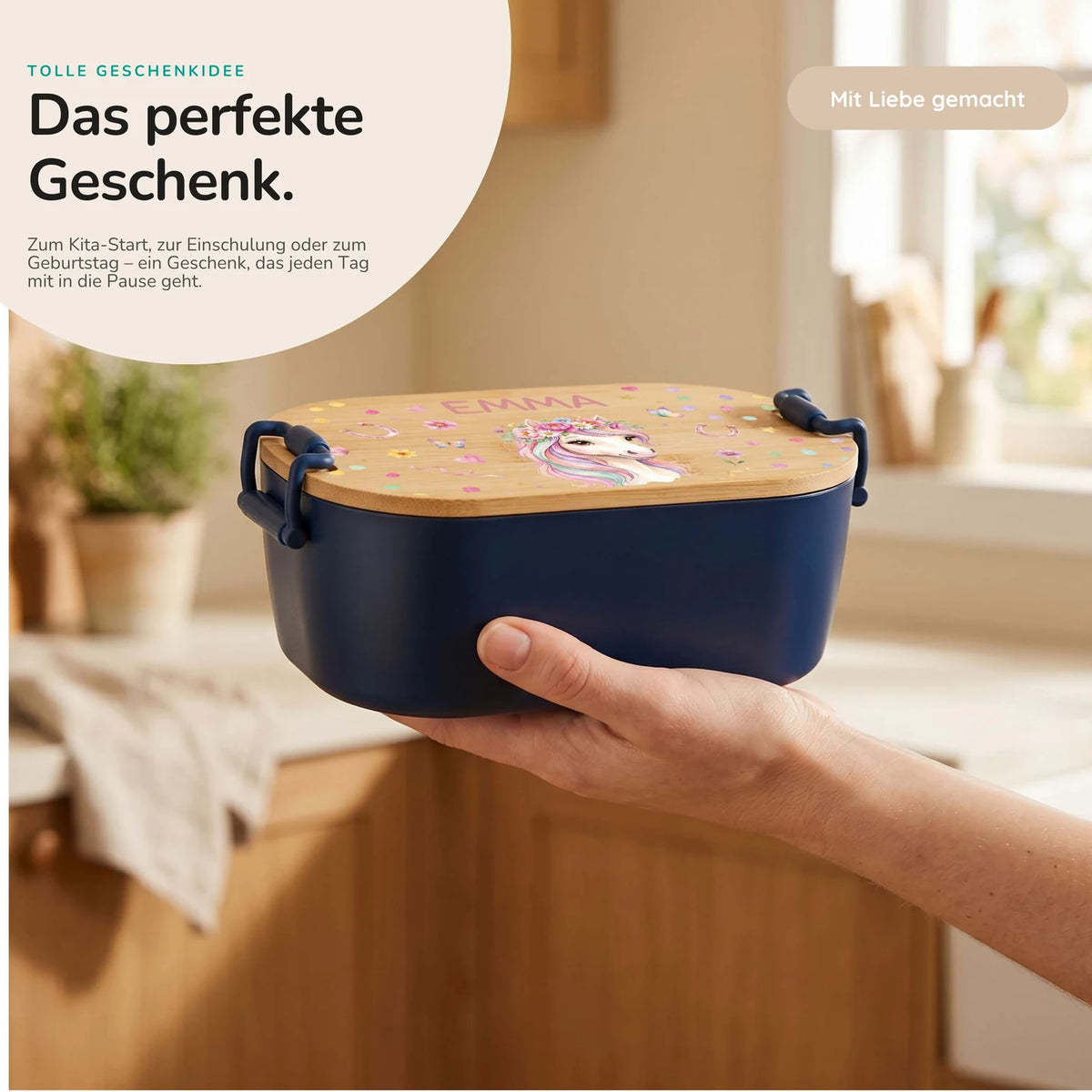 Brotdose Kinder personalisiert, Einhorn Blumenkranz