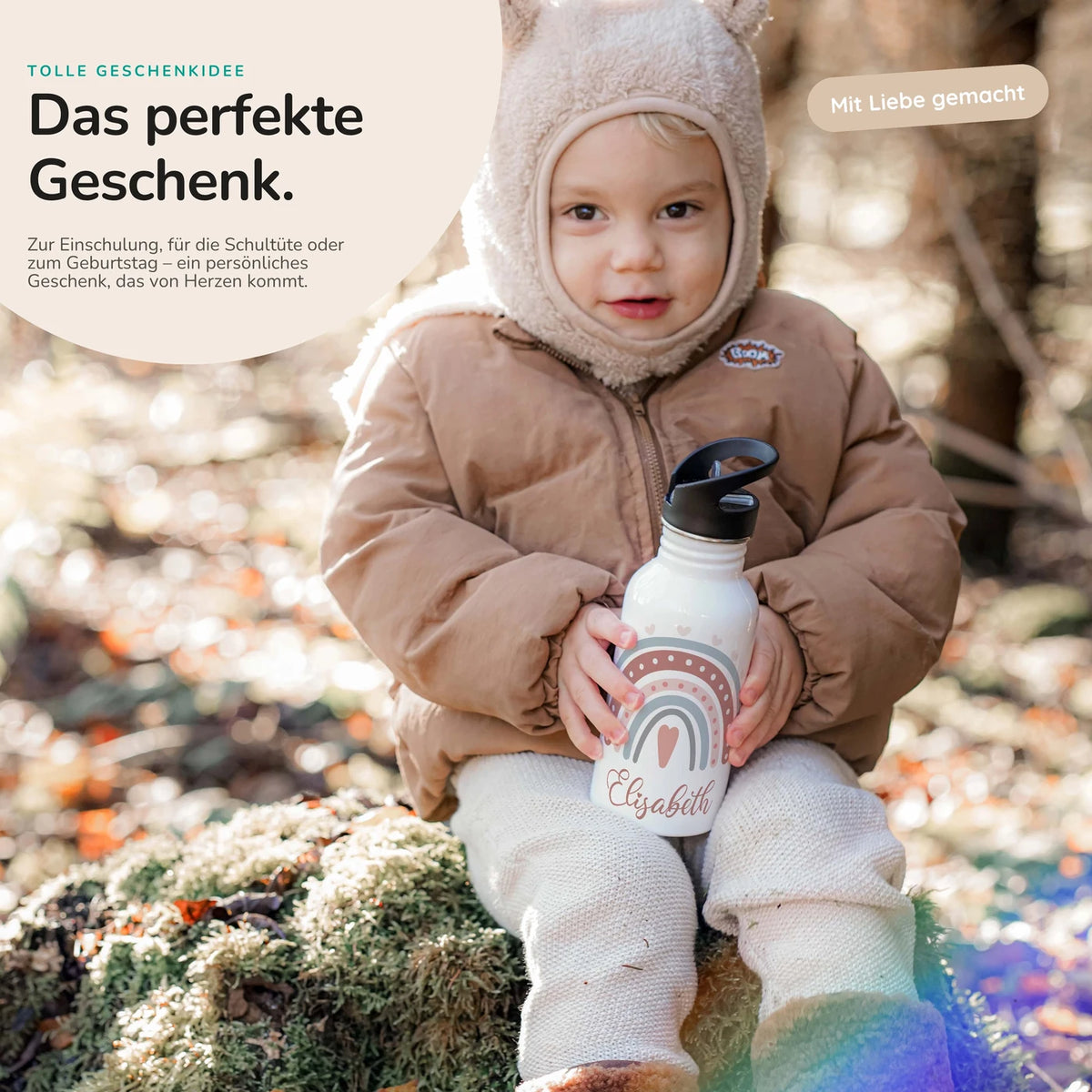 Trinkflasche Kinder Edelstahl - Regenbogen - Personalisierbar mit Namen
