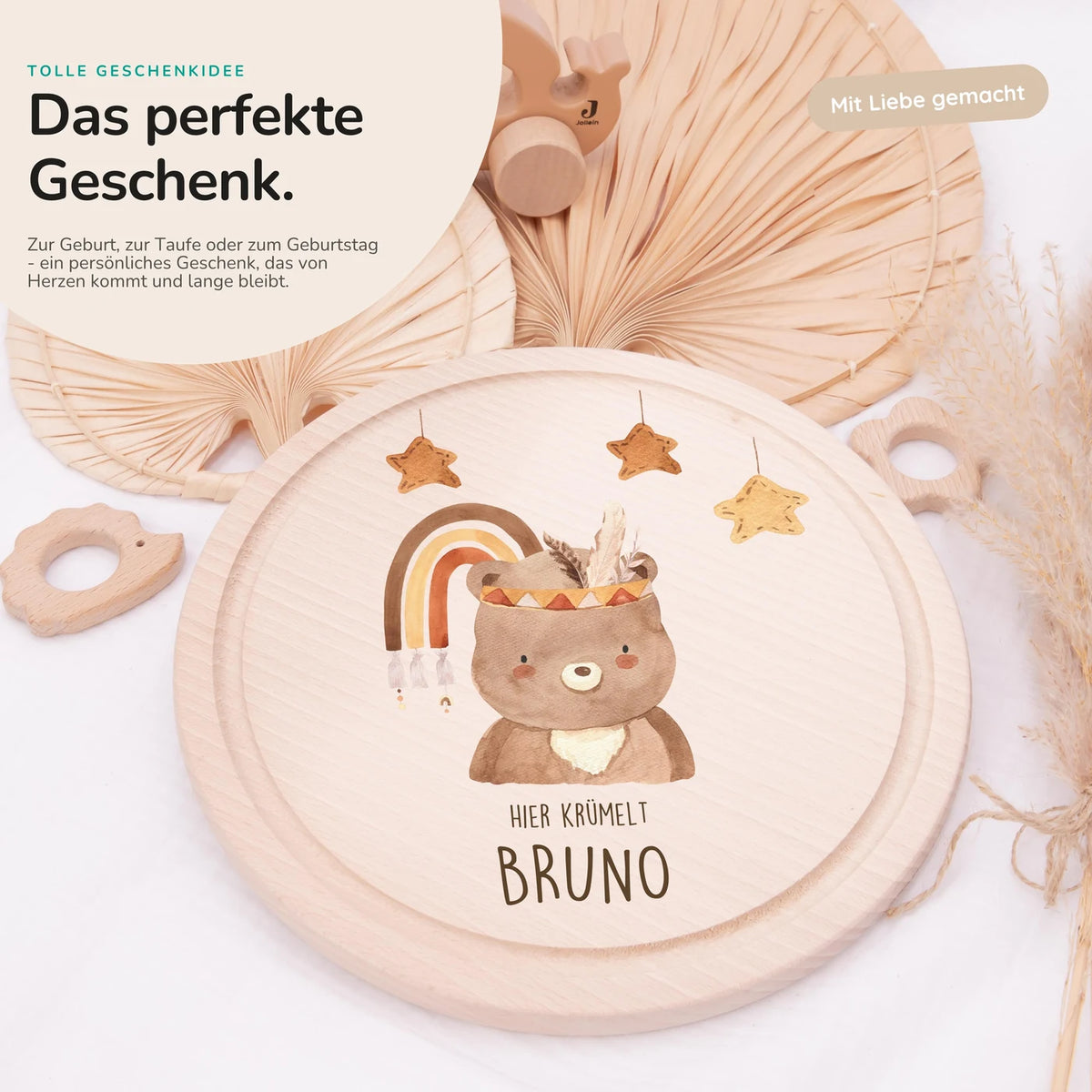 Rundes personalisiertes Frühstücksbrettchen Boho Bär mit Namen für Kinder