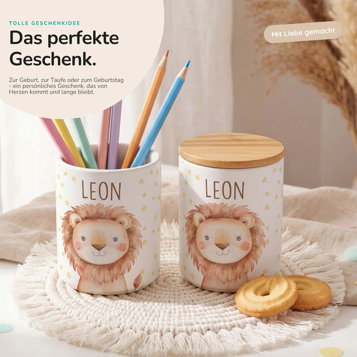 Personalisierte Keksdose Löwe Sterne â Keramik & Bambus mit Wunschname