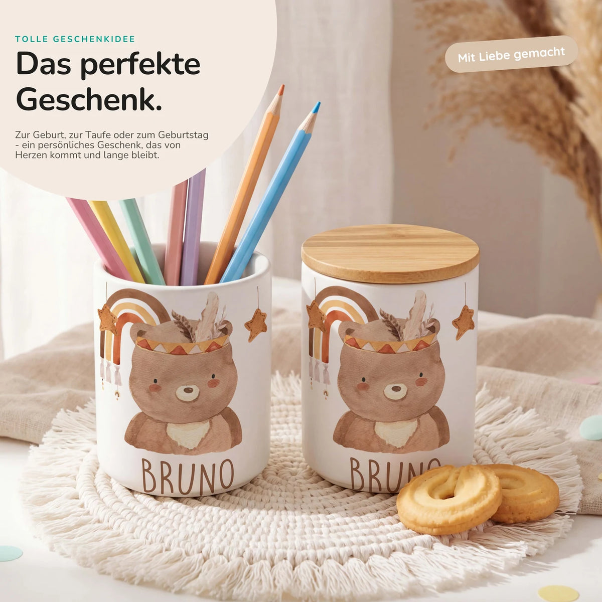 Personalisierte Keksdose Boho-BĂ€r â Keramik & Bambus mit Wunschname