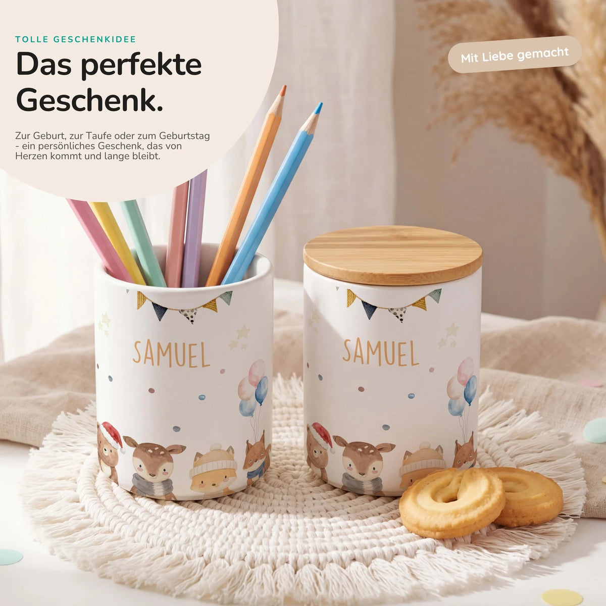 Personalisierte Keksdose Waldtiere Geburtstag – Keramik & Bambus mit Wunschname