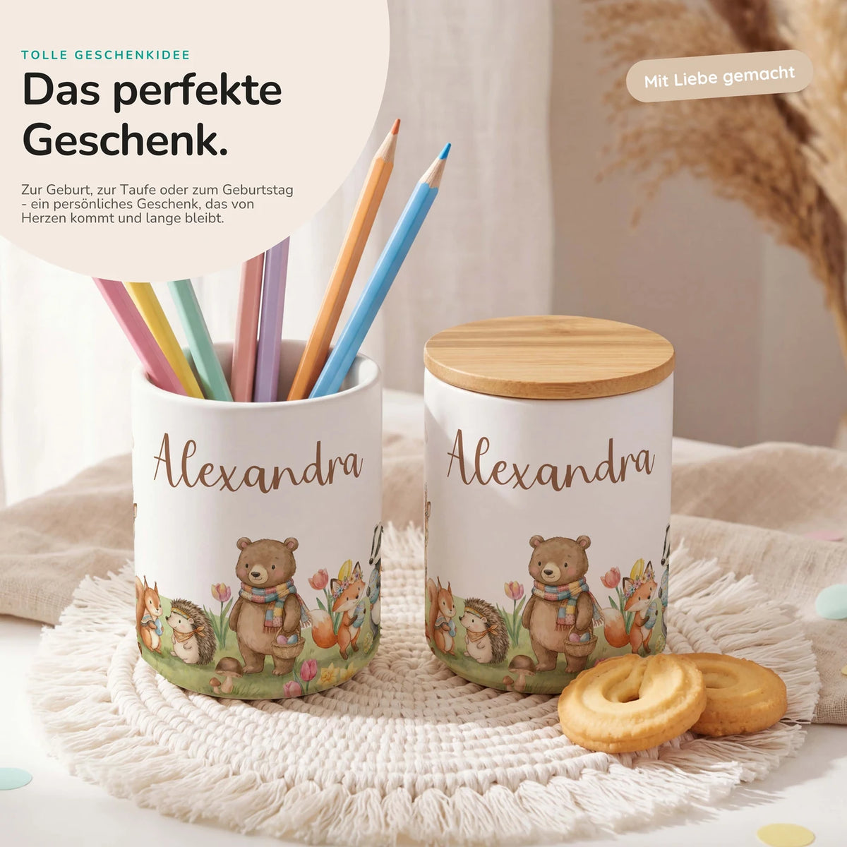 Personalisierte Keksdose Herbst-Waldtiere – Keramik & Bambus mit Wunschname
