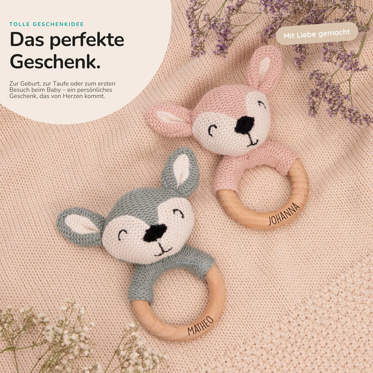 Baby Beißring mit Hirsch - Rosa/Blau Ø 7cm - Zahnen leicht gemacht