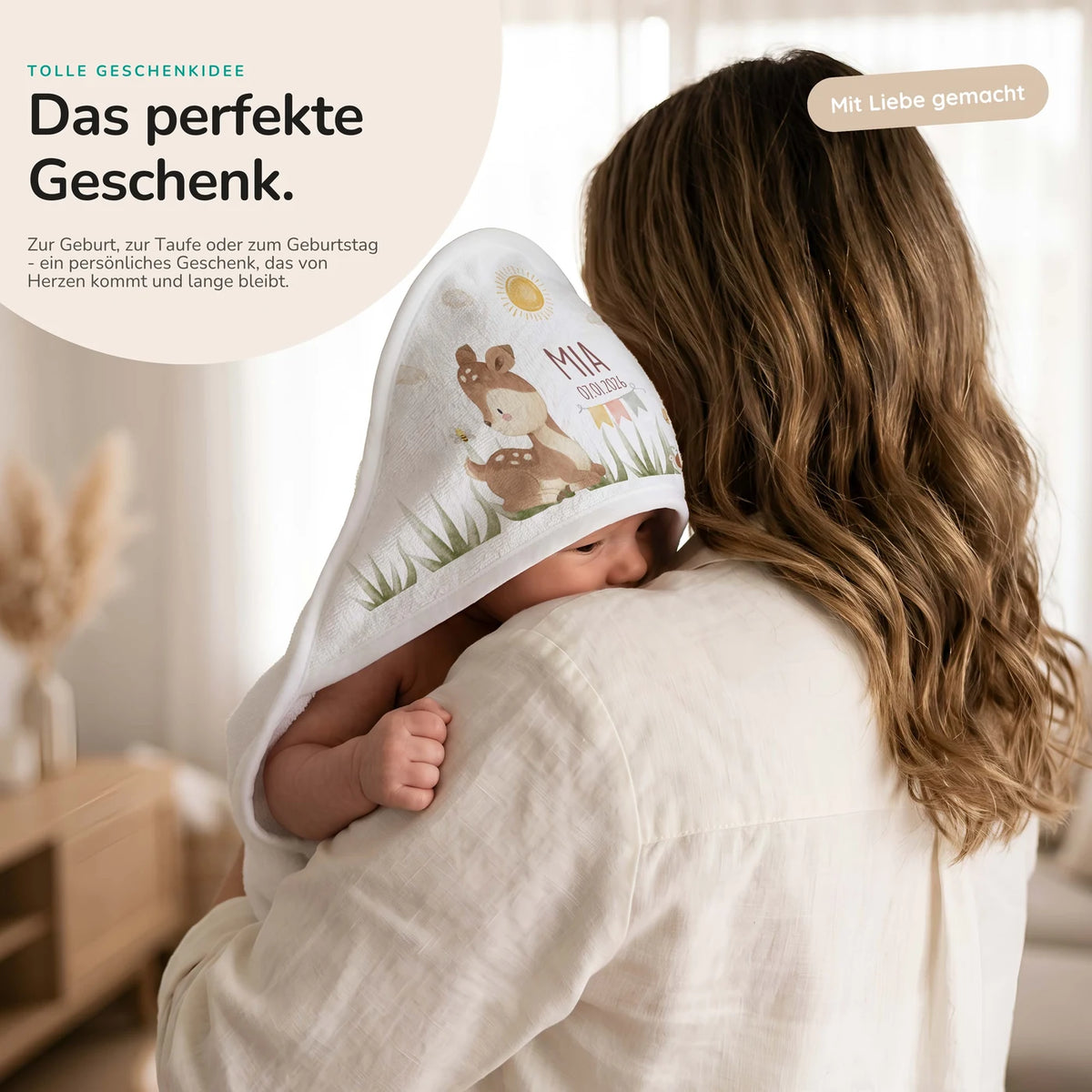 Personalisiertes Kapuzenhandtuch Baby – Reh Geburtsdaten